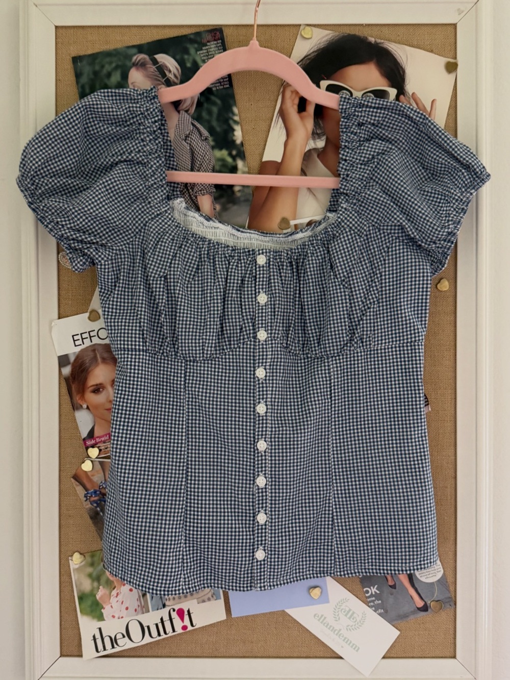 Navy Gingham Puff Sleeve Button-Front Top